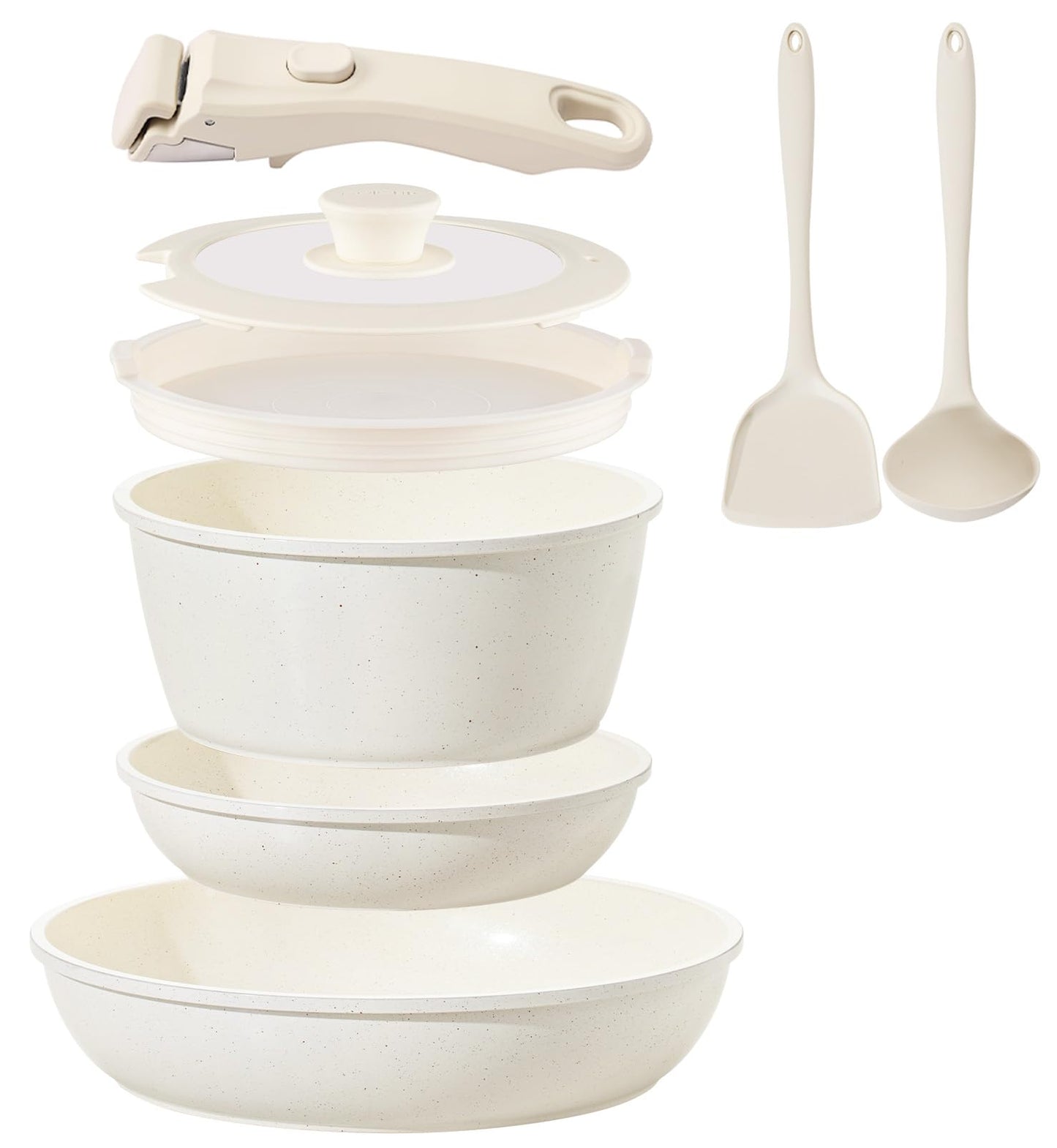 Ceramic Cookware Set Non Stick 8Pcs Pots and Pans Set Detachable Handle Induction Kitchen Cooking Set with Frying Pans Oven Dishwasher Safe, PFAS/PFOA Free, Cream White
