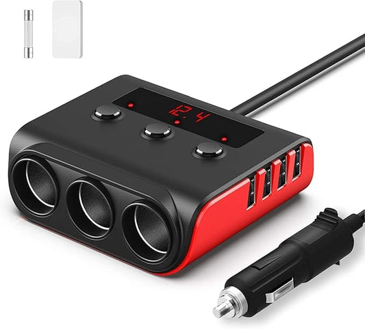 7 in 1 Cigarette Lighter Splitter, SONRU 3 Sockets Cigarette Lighter Splitter with 4 Fast Charging USB Ports, 120W 12V/24V DC Independent Power Switches & LED Voltage Display for All Car Devices