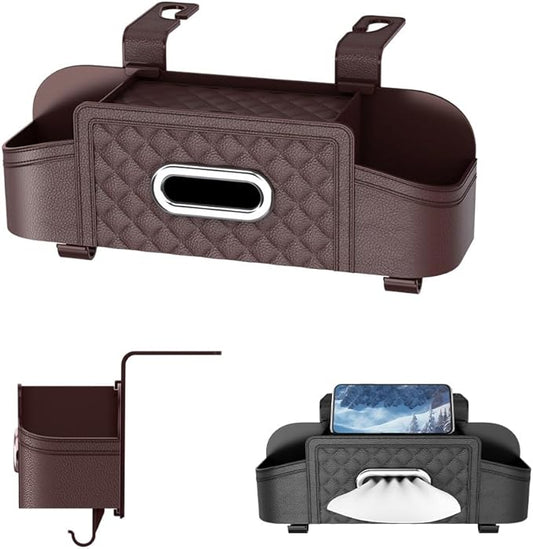 3-in-1 Car Backseat Organizer with Cup Holder Tissue Box and Hooks, Multifunctional Car Seat Back Storage Box, Car Headrest Backseat Organizer for Travel SUV Sedan Truck Car Accessories (Brown)
