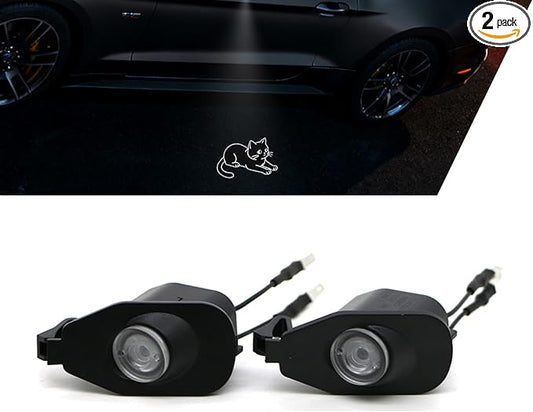 2Pcs Sided Mirror Cute Kitten Pattern Welcome Light Ground Light Puddle Lamp Assembly, LED HD Never Fades Replacement Light, for 2013-2024 Mustang Welcome Light Models