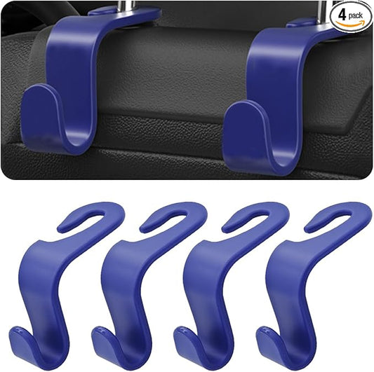 4PCS Car Back Seat Headrest Hooks, Rear Car Seat Storage Headrest Hanger Holder Hooks Organizer, Universal Auto Interior Accessories for Bag Purse Handbag Cloth Coats Grocery (Blue)