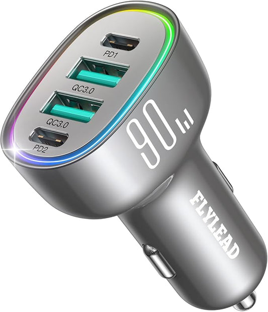 Car Charger USB C, 4 Port 90W Super Fast Charging for iPhone 17 Car Adapter, Dual PD 45W Type C & QC 3.0 USB A Multiport Car Cigarette Lighter Accessories for iPhone 16 15, iPad, Galaxy S26, Titanium