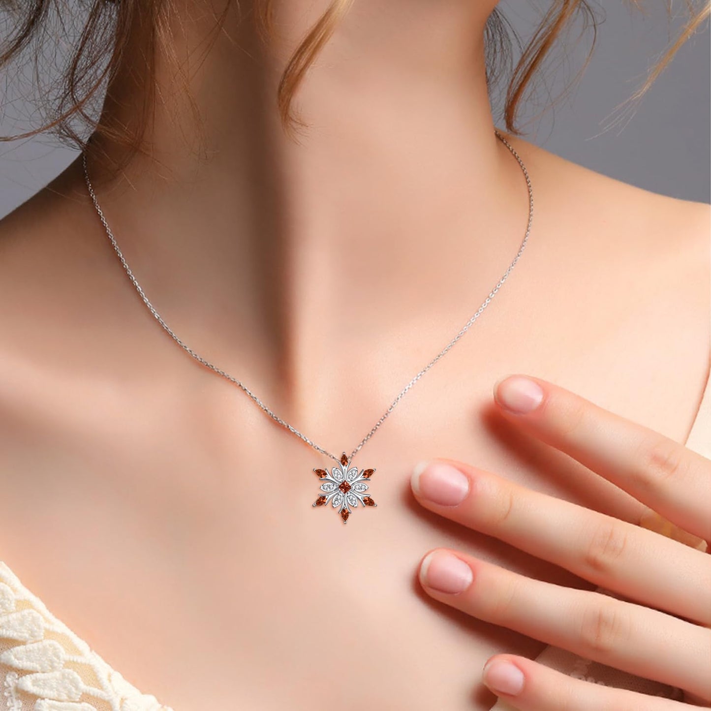 Elensan Women's 925 Sterling Silver Blue Crystals Snowflake Pendant Fashion Necklace Collarbone Chain (Red)