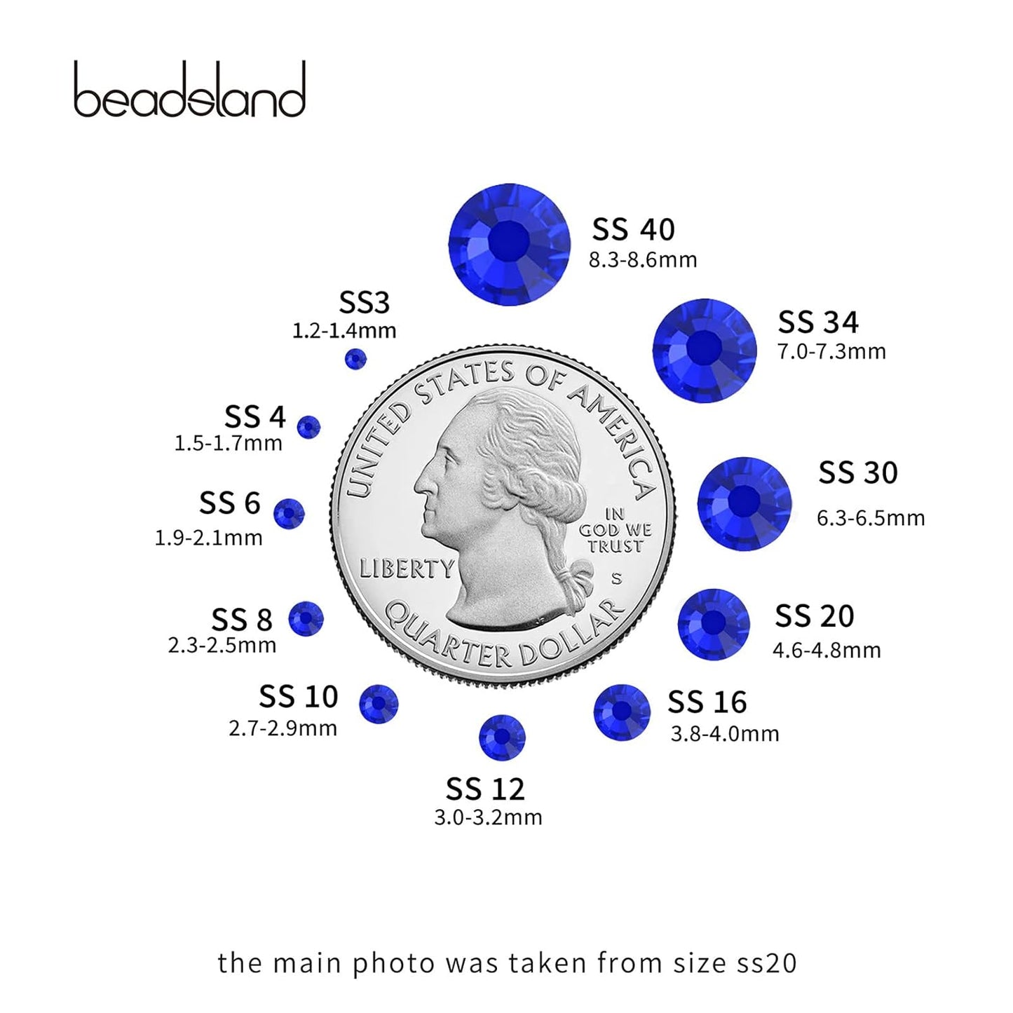 beadsland Flat Back Crystal Rhinestones Round Gems, Sapphire (4.6-4.8mm) SS20/1440pcs