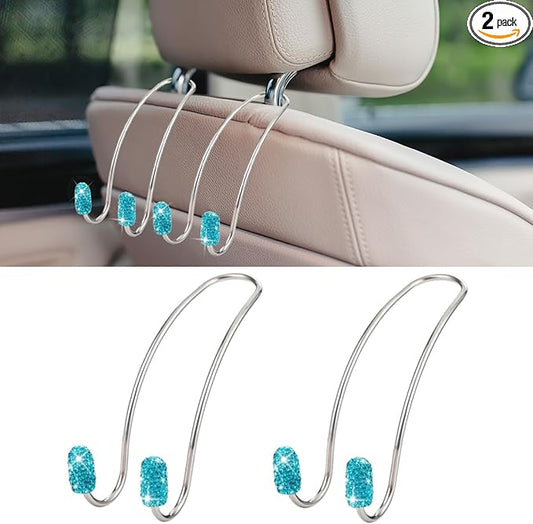 2PCS Car Headrest Hook Hangers, Bling Stainless Steel Car Backseat Holder, Strong Car Headrest Storage Hooks, Universal Car Organizers Accessories for Coats Umbrellas Grocery Handbags (Blue)