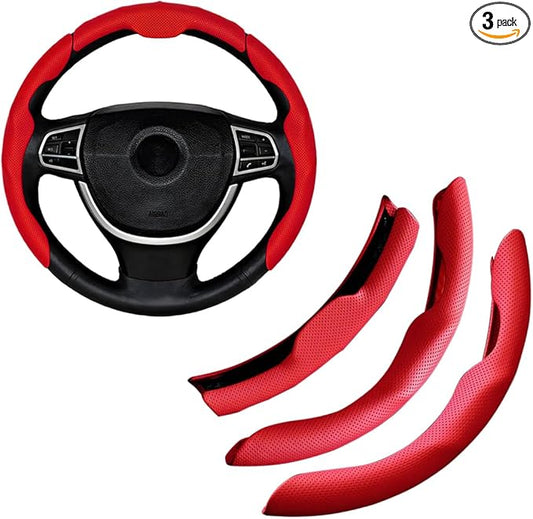 Car Steering Wheel Cover, Nappa Leather 15 Inch Snap-On 3PCS Set Vehicle Steer Wheel Wrap Protector, Non-Slip Automotive Interior Protection Accessories, Universal Fit (Red)