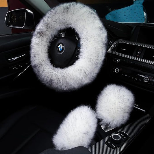 3Pcs Set Fashion Fluffy Fuzzy Wool Fur Soft Car Steering Wheel Cover with Handbrake Cover & Gear Shift Cover for Women/Girls/Ladies Auto Long Wool Accessories, White Black Tip