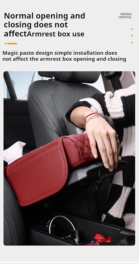 Center Console Cover Arm Rest Cover Leather Car Armrest Box Pad with Pocket Tissue Box Hole Auto Armrest Cover Cushion for Car Sedan Vehicle (Red)