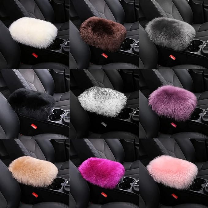 LLB Auto Center Console Cover Pad Universal Fit for SUV/Truck/Car, Genuine Sheepskin Wool Fur Car Armrest Seat Box Cover, Furry Fluffy Auto Armrest Cover Protector (White Gray)