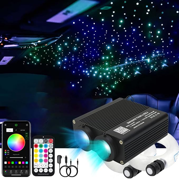 AZIMOM Dual Color 32W Sound-Activated 1300pcs Fiber Optic Starlight Headliner Kits 0.03in 13.1ft Fiber Strands APP/Bluetooth Remote Control Music Sensory Star Ceiling Home Car Roof Decor