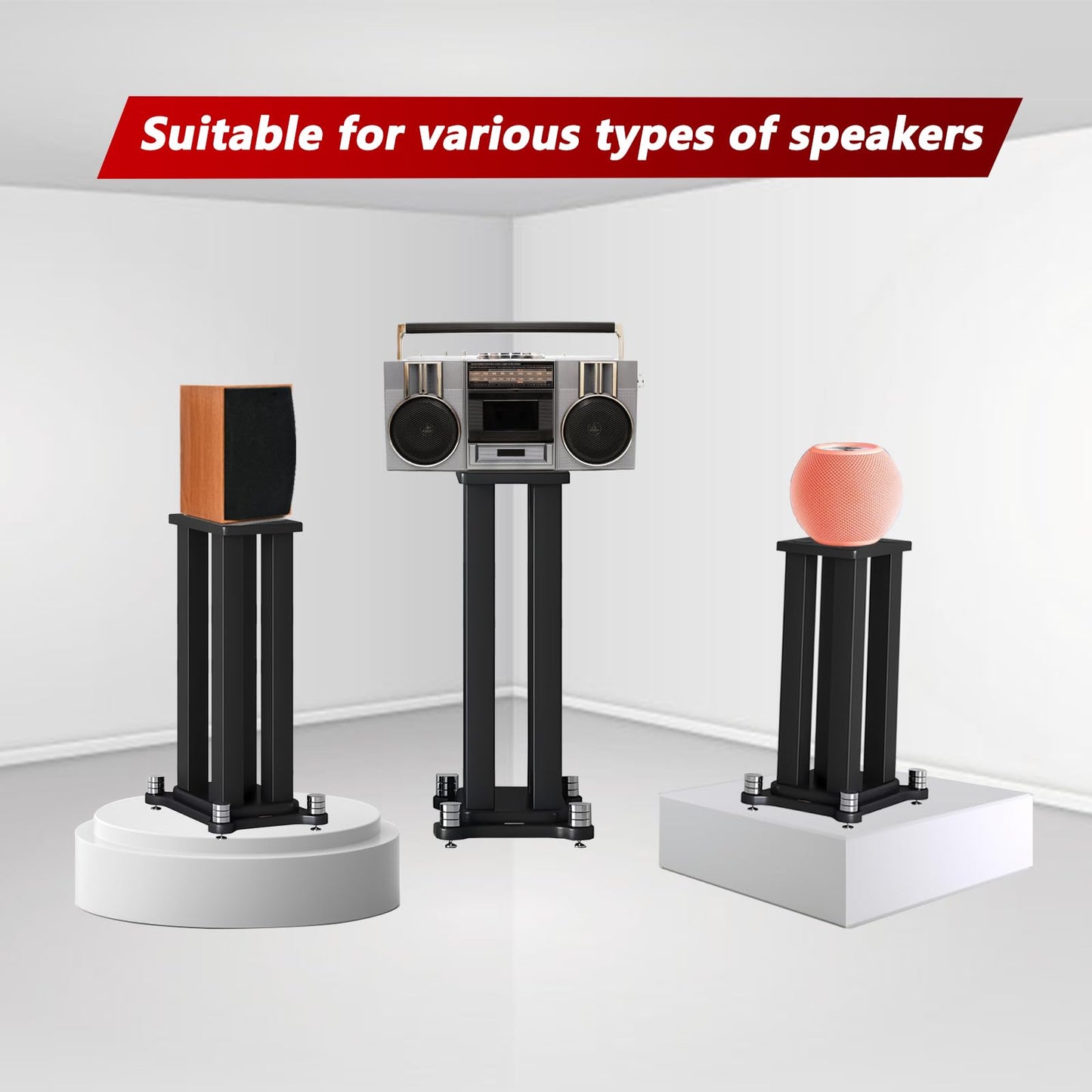 A Pair of Universal Speaker Stands, Heavy Duty Speaker Stands Holds Bookshelf Speaker Satellite Speaker Large Speaker, Vibration-Absorbing MDF Design, Holds 88lbs Speaker (Black, 50cm/19.6in)