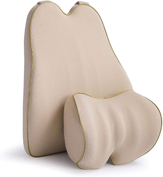 Car Lumbar Support Back Cushion & Headrest Neck Pillow Kit Cushion Memory Foam Universal Fit Major Car Seat with Back Pain Relief for Car Office Home 1PCS Beige