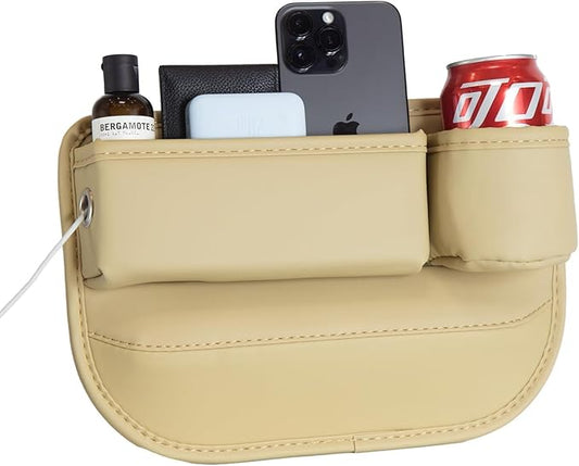 Car Seat Gap Filler Organizer with Cup Holders, Seat Gap Storage Box for Drinks, Phones, Keys, Sunglasses, Cards, and Small Essentials (Beige, Passenger Seat)