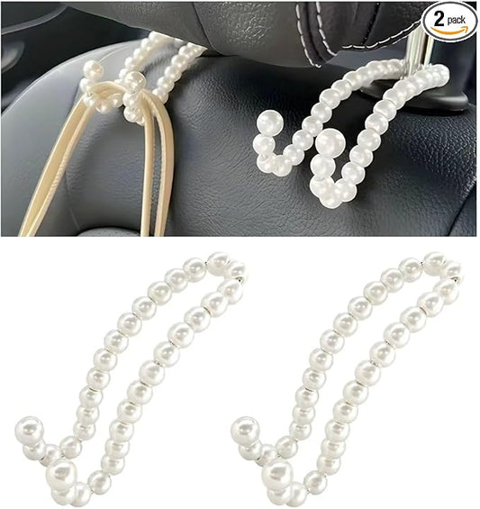 2PCS Car Seat Headrest Hook, Elegant Pearl Auto Back Seat Hanger Cute Purse Storage Organizer, High Load-Bearing Headrest Hook Exquisite Chic Holder for Handbags Coats Keys
