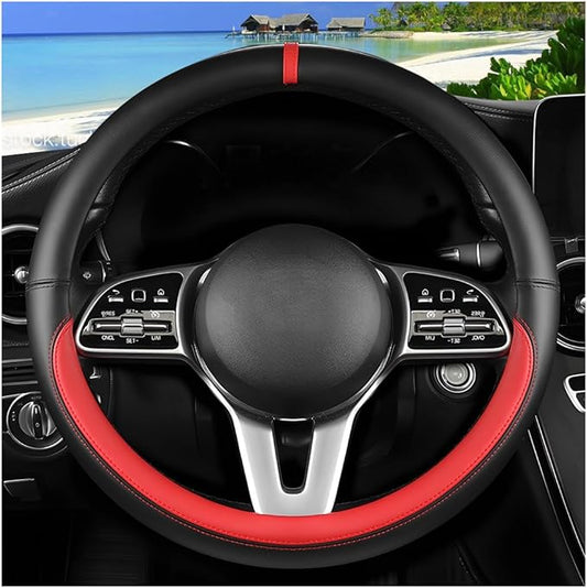 Car Steering Wheel Cover, 15 Inch Leather Anti-Slip Breathable Vehicle Steering Wheel Protector, Automotive Interior Protection Accessories, Universal for SUV Sedan Truck (Black/Red)