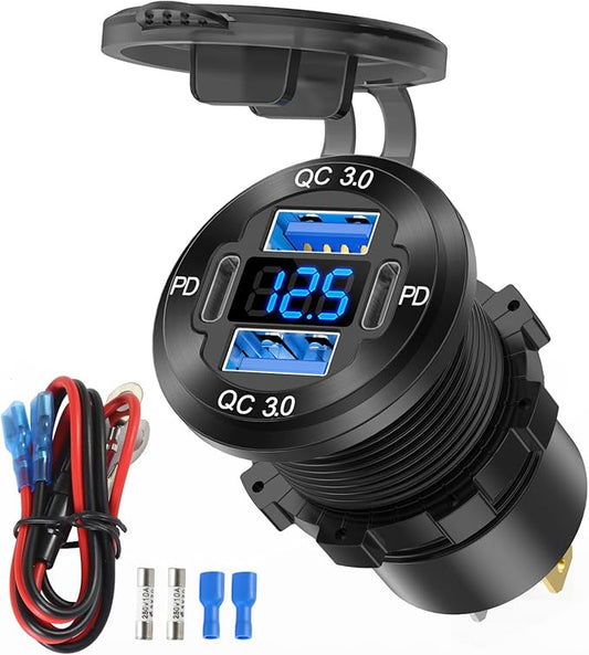 78W 12V USB Outlet 4 Port Car Charger Socket, Dual PD USB C and Dual Quick Charge 3.0 Port Aluminum Charger with Voltmeter DIY Kit Waterproof for Car Boat Marine Motorcycle RV ATV Truck Golf Cart, etc