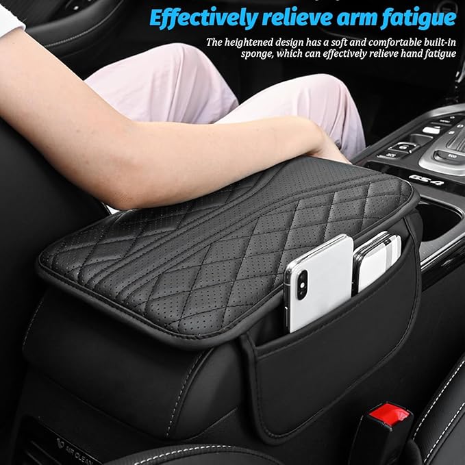 Car Center Console Cover, Leather Vehicle Armrest Box Pad with 2 Storage Bags, Automotive Interior Arm Rest Cushion Protector Accessories, Universal for SUV Sedan Truck (Black)