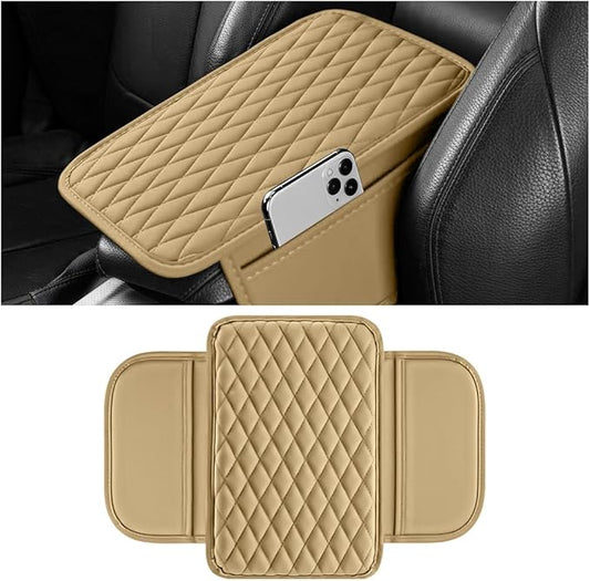 Car Armrest Cushion Pad, Leather Vehicle Center Console Cover with 2 Storage Bags, Non-Slip Automotive Interior Arm Rest Seat Box Cover Accessories, Universal for SUV RV Sedan (Beige)