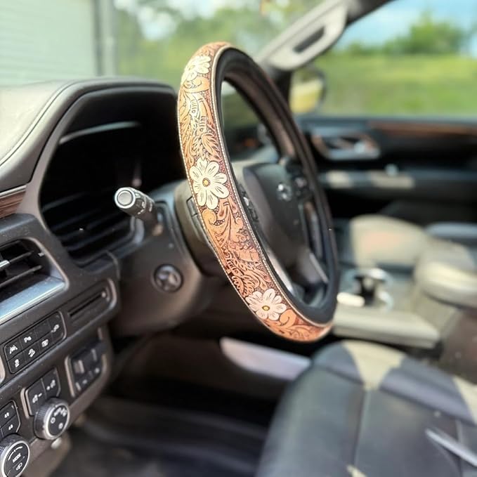 Western Steering Wheel Cover,Retro Western Cowboy Car Universal Steering Wheel Cover,Embossed Hand-Painted Leather Western Car Accessories, for Women Man, Anti-Slip Design Easy to Install (A)