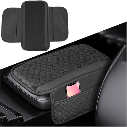 Car Center Console Cover, Leather Vehicle Armrest Cushion Pad with 2 Storage Bags, Auto Interior Middle Console Storage Box Protector Accessories, Universal for SUV, Sedan, Truck (Black)