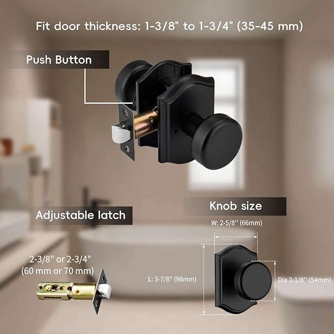 Interior Pismo Doorknobs for Bath & Bedroom, Black Door Knobs with Camelot Trim, Heavy Duty Door Knob with Lock