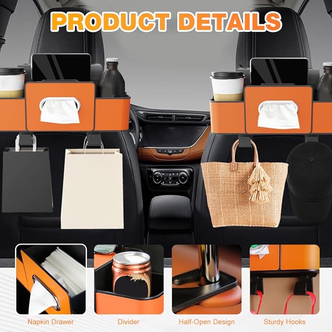 PUSKIU Car Organizer and Storage Box, Car Organizers and Storage Box for Back Seat, Car Organizer Back Seat for Daily Travel (Orange)