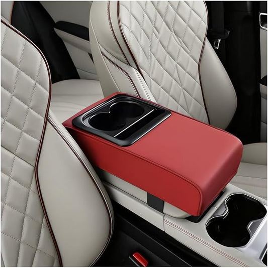 Car Center Console Armrest Pillow, Vehicle Armrest Seat Box Cushion Pad with Cup Holder & Phone Holder, Comfortable Auto Middle Console Cover, Universal for SUV RV Truck (Wine Red)