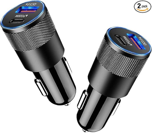 2Pack USB C Car Fast Charger, PD 38W 3.1A 2 Port Auto Quick Charger Adapter, Aluminum Metal Body Vehicle Fast Charging, Car Interior Accessories Fits for iPhone, Samsung Galaxy, and More