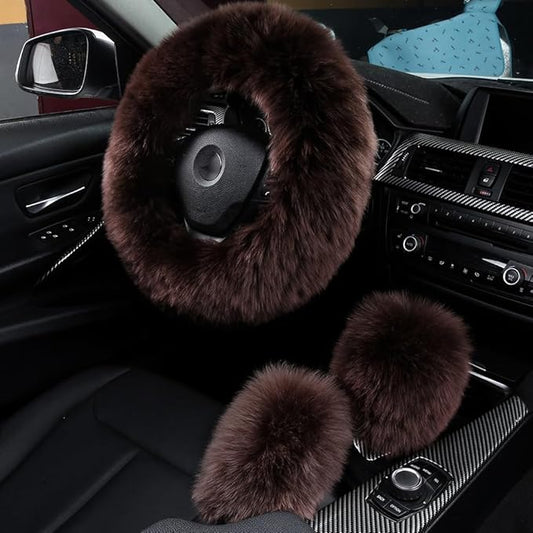 3Pcs Set Fashion Fluffy Fuzzy Wool Fur Soft Car Steering Wheel Cover with Handbrake Cover & Gear Shift Cover for Women/Girls/Ladies Auto Long Wool Accessories