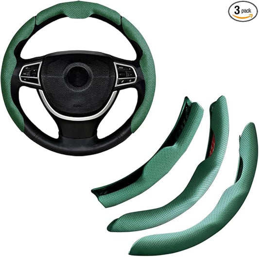 Car Steering Wheel Cover, Nappa Leather 15 Inch Snap-On 3PCS Set Vehicle Steer Wheel Wrap Protector, Non-Slip Automotive Interior Protection Accessories, Universal Fit (Green)