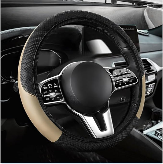Car Steering Wheel Cover, 15 Inch Anti-Slip Stretch Leather Steering Wheel Protector, Comfortable Breathable Sporty Steering Wheel Cover for Women Men, Car Accessories (Beige, AD)