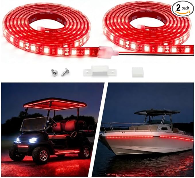 12V Marine Boat LED Light Strip Super Bright, 2 Pack 2FT IP68 Fully Waterproof RV Front Cap Lights, Golf Cart Underglow Roof Lights Strip for Truck ATV UTV SUV Car Pickup Trailer, Cuttable, Red