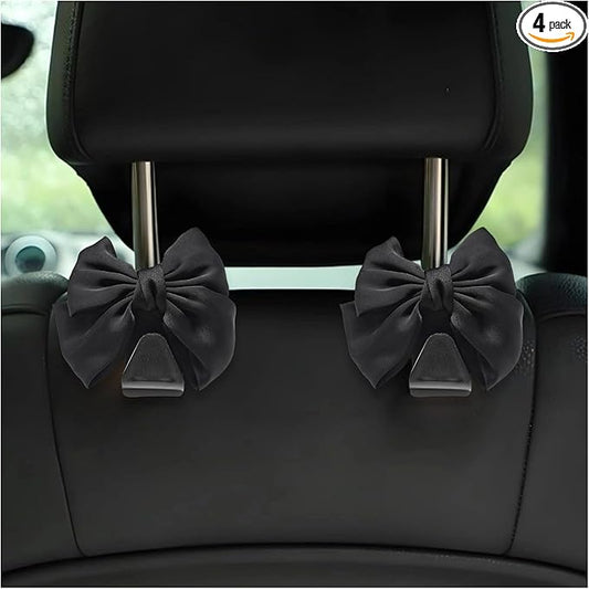 4 PCS Car Back Seat Headrest Hooks, Cute Bow Vehicle Backseat Storage Headrest Hanger, Car Organizer Hooks for Handbag Clothes Grocery Bags, Car Interior Accessories
