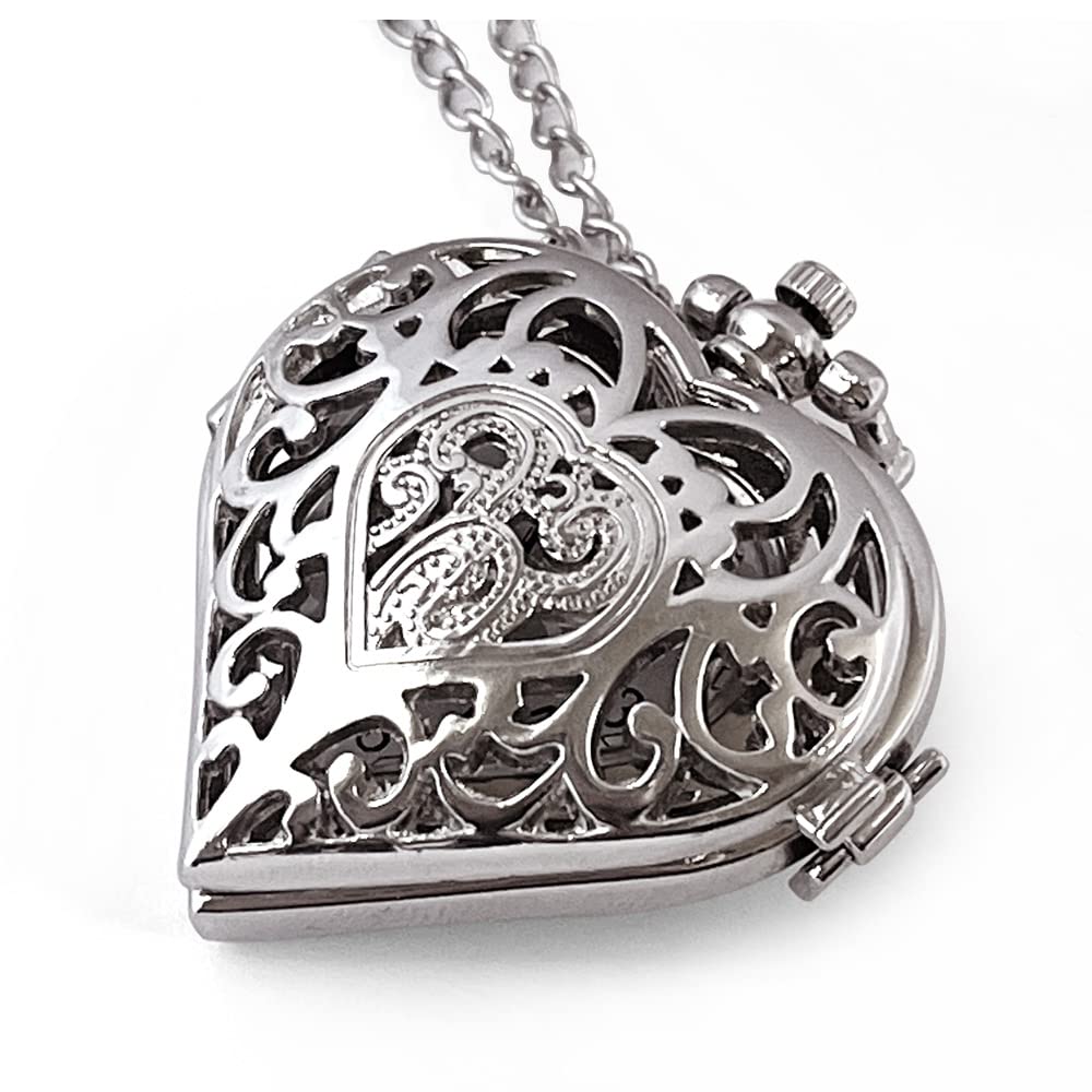 VIGOROSO Women's Pocket Watch, Analog Display, Quartz Movement, Silver Stainless Steel, Heart Pendant Necklace, Unisex Accessory, Valentines Day Gifts