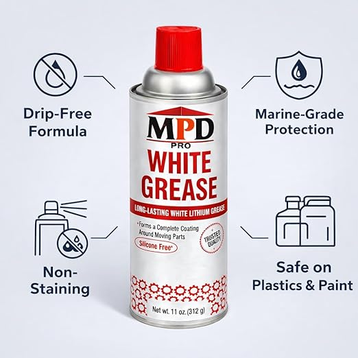 MPD PRO White Lithium Grease Spray, Marine-Grade Drip-Free Lubricant, Non-Staining High-Solid Formula for Garage Doors, Hinges, Chains & Automotive Use – 11 oz (2-Pack)