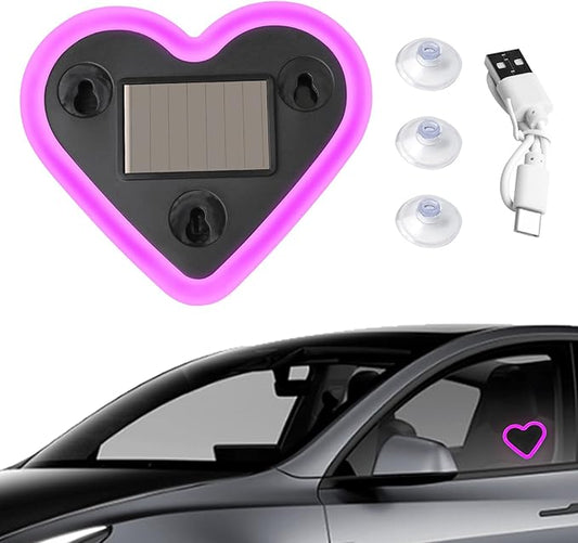 6 Lighting Modes Solar Powered Car LED Ambient Light, Rechargeable Wireless LED Heart Shape C-Pillar Neon Light, AutoGlow Solar Heart Light for Car Window Romantic Decor Surprising Gifts