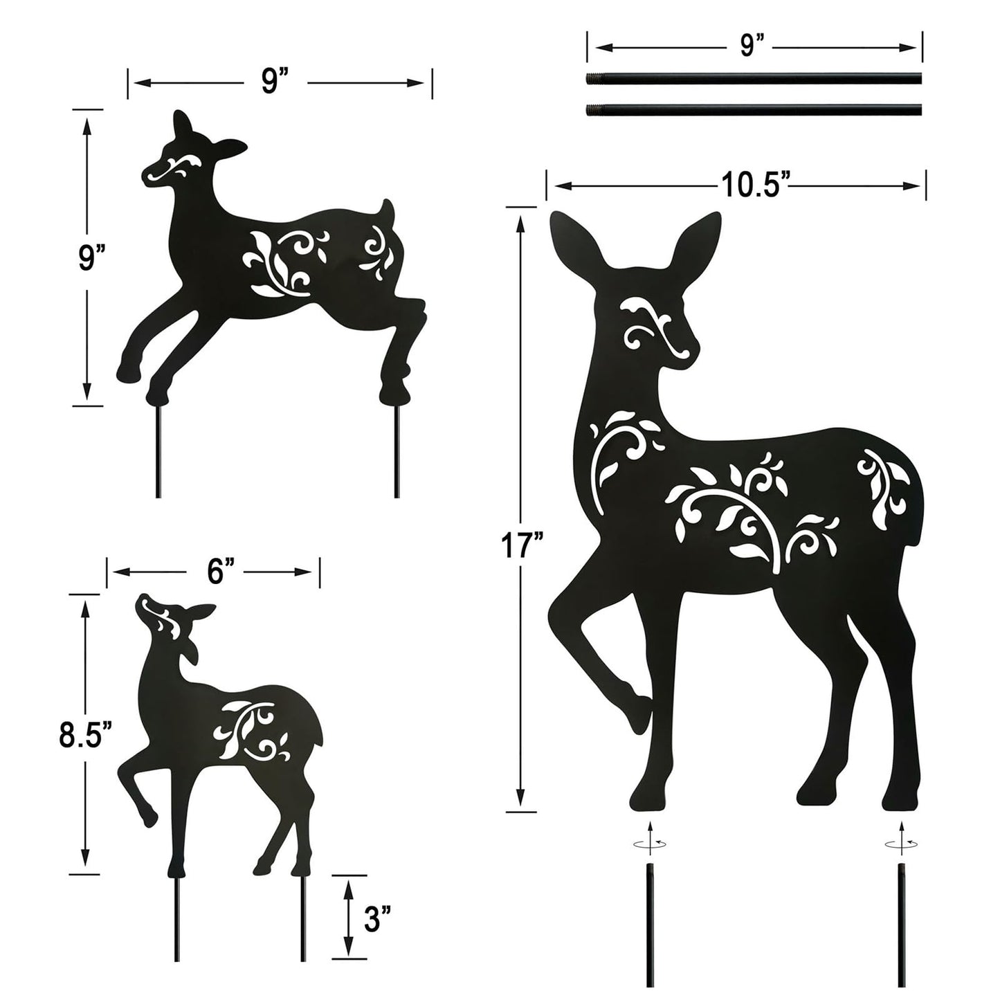 Hokfirm Outdoor Deer Stakes, Set of 3 Metal Deer Garden Decor for Outside,Black Silhouette Yard Art(Deer Black)