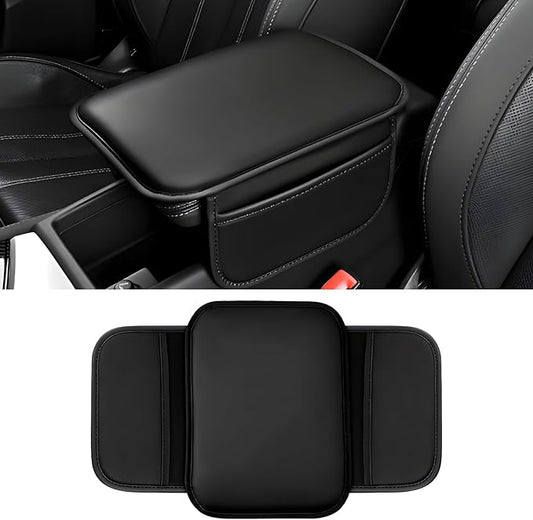 Car Center Console Cover, 11.6"×8.3" Leather Car Armrest Cushion Pad with 2 Storage Pockets, Comfortable Arm Rest Box Cover Mat for Most Vehicles, Universal Interior Accessories (Black)