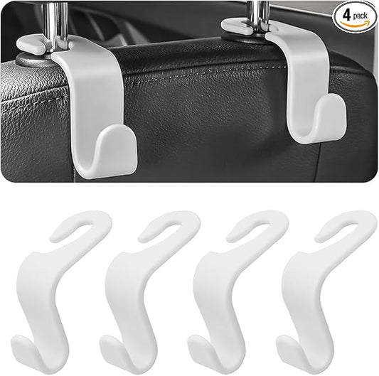 4PCS Car Back Seat Headrest Hooks, Rear Car Seat Storage Headrest Hanger Holder Hooks Organizer, Universal Auto Interior Accessories for Bag Purse Handbag Cloth Coats Grocery (White)