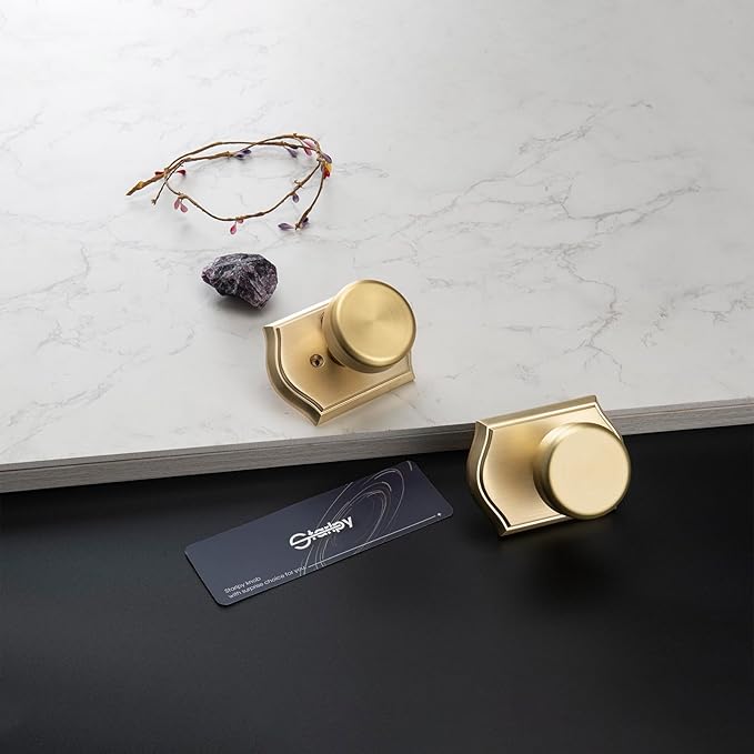 6 Pack Pismo Doorknobs for Bath & Bedroom, Gold Interior Door Knobs with Camelot Trim, Satin Brass Door Knob with Lock