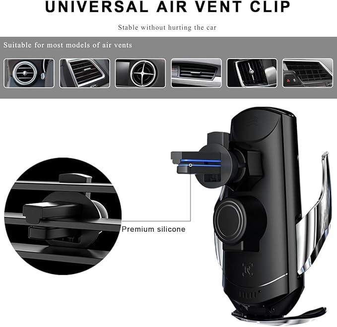 Wireless Car Charger, 15W Fast Charging Air Vent Mount Auto-Clamping Phone Holder, Automotive Electric Induction Charger 360° Rotating Magnetic Vent Mount Bracket for Smartphones (Black)