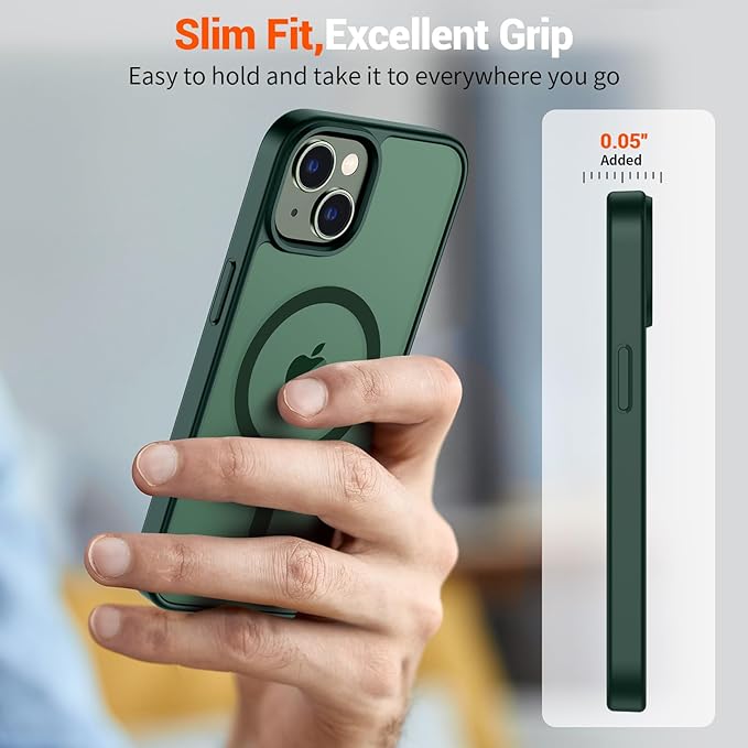 SUPFINE Magnetic for iPhone 14 Case & iPhone 13 Case (Compatible with MagSafe)(Military Grade Drop Protection) Slim Translucent Matte Shockproof Phone Cover,Forest Green