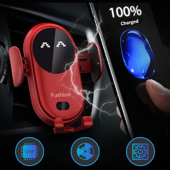 Smart Car Wireless Charger Phone Holder, Fashion Car Charger, Smart Sensor Car Wireless Charger, Automatic PhoneHolder forCar, for All Phone (Red)