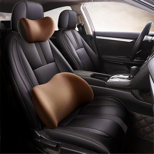 2025 New Car Headrest & Lumbar Support Cushion, Ergonomic Car Seat Headrest Neck Rest Cushion Lumbar Support Pillow Memory Foam & Breathable Removable Cover for Neck Back Pain Relief (Coffee)