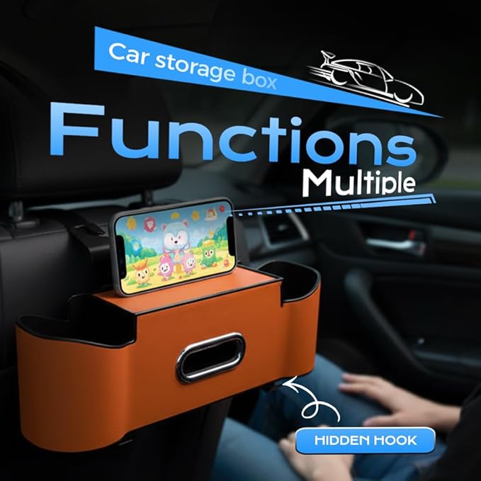 3-in-1 Car Backseat Organizer, 2026 New Multifunctional Back Seat Car Organizer with Cup Holder, Tissue Box, Trash Bin & Hooks for Hold Phones, Snacks, Drinks, Handbags (2, Beige)