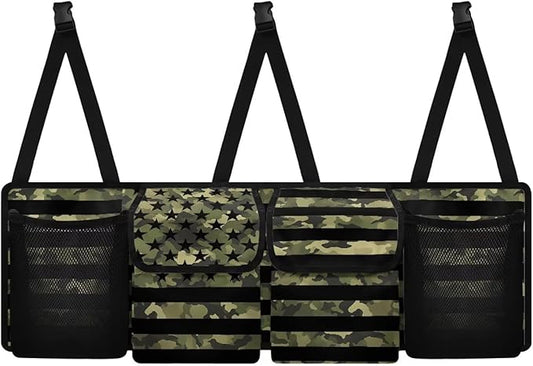 Car Trunk Organizer, American Flag Camo Large Capacity Backseat Trunk Organizer with Adjustable Straps, Backseat Hanging Car Storage Organizer Foldable Cargo Storage