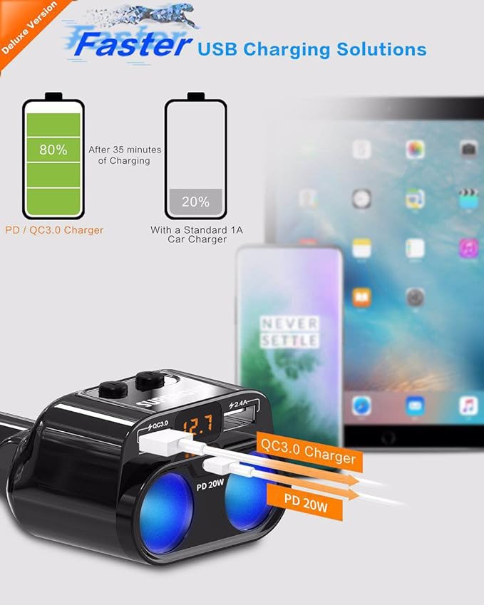 SUPERONE 200W 2-Socket Cigarette Lighter Splitter Power Adapter, USB C Car Charger with 20W Power Delivery 3.0 & QC 3.0 for iPhone 17/16 Pro Max/15/14/13/12/11 Pro/X/8, Samsung, Google Pixel and More