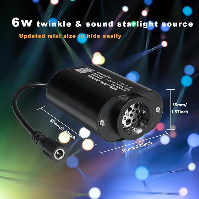 AMKI Mini 6W Starlight Headliner Kit 600pcs 0.03in 13.1ft,Twinkle+Sound Activated Fiber Optic Light 4Lamp Beam Starlight Box APP/Remote Control for Car Home Star Ceiling Decoration