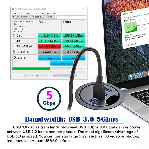 Xiwai USB 3.0 Hub Splitter, 4 Port USB Multiport Expander 60mm Desk Grommet Dock Station Interface for PC Desk Desktop