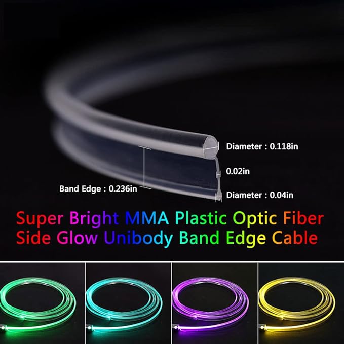 Super Bright MMA Plastic Optic Fiber Side Glow Unibody Band Edge Cable Car LED Illumination Optic Fiber Band Car Interior Atmosphere Lights (19.69ft)